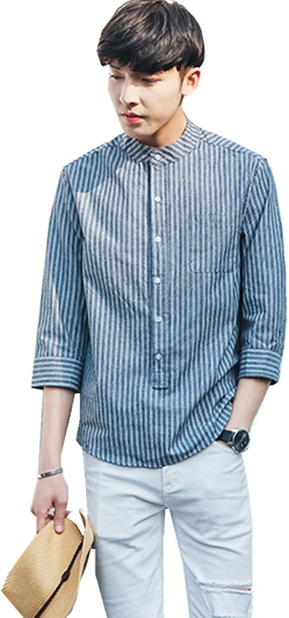 Amazon スリム 襟高 カジュアル 七分袖 メンズ 男女兼用 ワイシャツ ドレスシャツ ストライプ オックスフォード 形態安定 Yシャツ 結婚式 ビジネス お兄系 通勤 カジュアルシャツ おしゃれ 大きいサイズ 02 L グレー シャツ 通販