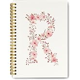 QROZIAR Pink Cute Spiral Notebook Journal, Preppy Floral Initial Letter R Personalized Journaling Notebooks, Monogrammed Gifts for Women Girls, Botanical Hardcover Spiral Lined Notebook 5.5 x 8.3