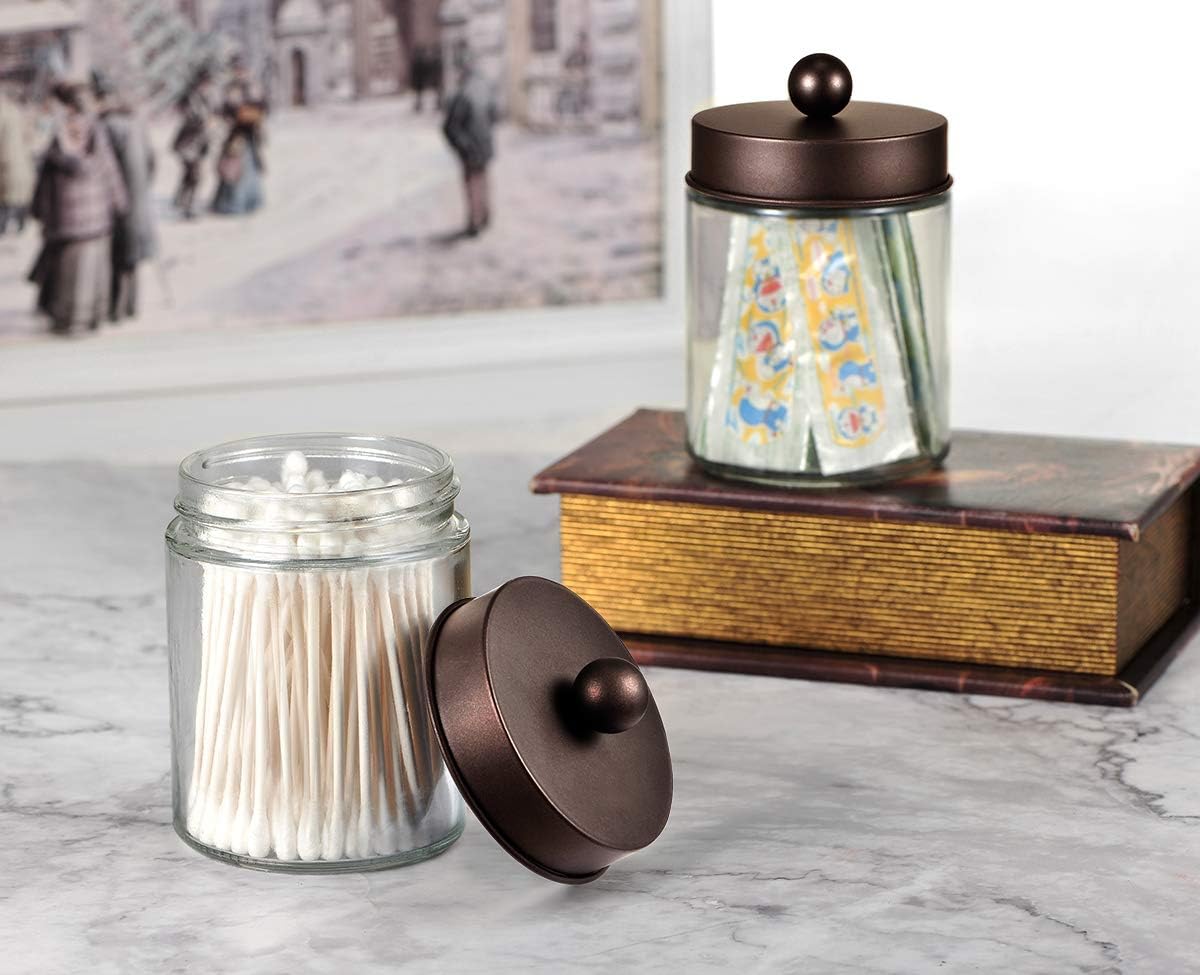 Apothecary Jars Bathroom Storage Organizer - Cute Qtip Dispenser Holder Vanity Canister Jar Glass with Lid for Cotton Swabs,Rounds,Bath Salts,Makeup Sponges,Hair Accessories/Bronze (2 Pack): Home & Kitchen