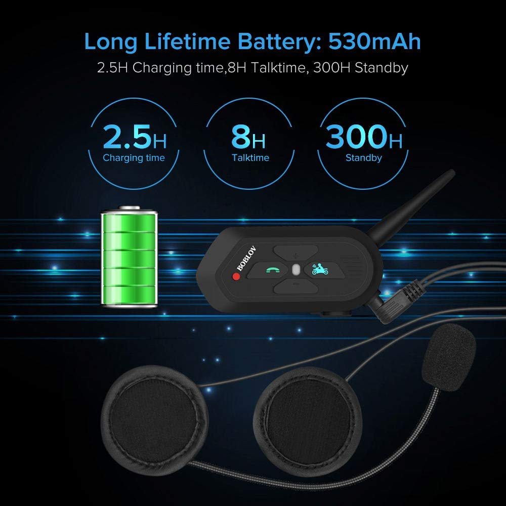 Boblov 2X V6 PRO Interfono Casco Moto 1200M Wireless Blue-Tooth Cuffie Auricolari Passeggero Impermeabile