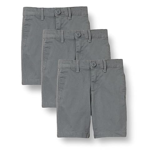 Amazon Essentials Boys' Uniform Woven Flat-Front Shorts (Wrinkle Resistant), Pack of 3, Charcoal, 7