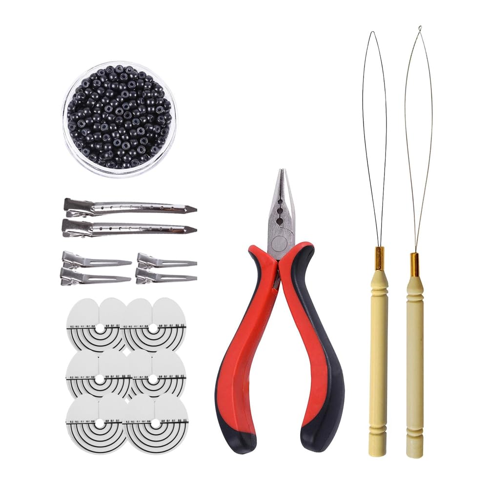 Hair Extensions Tools Kit: 3 holes Hair Pliers, Pulling Needle Loop Threader and 500 Pieces 3.0mm Silicone Lined Nano Beads Rings (Black)