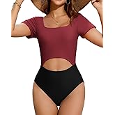 Cromi Womens Short Sleeve One Piece Swimsuits Solid Color Bathing Suit Square Neck Cutout Swimwear