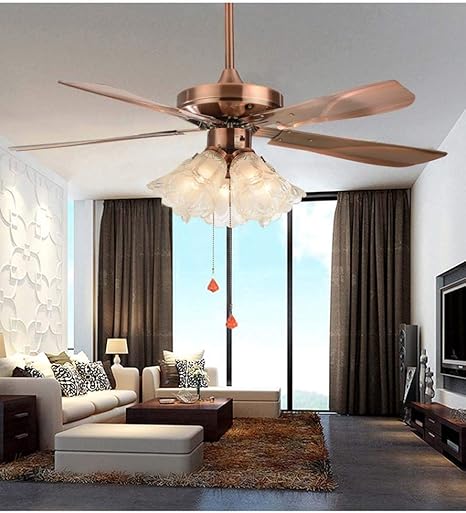 Amazon Co Jp ライト付シーリングファン ヴィンテージ天井のファンクラシックファン3速度天井のファン付きプルチェーン インドアled シーリングファン用ミュートモーター 電球なし Color Red Bronze ホーム キッチン