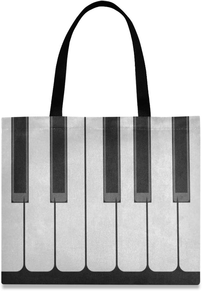 Canvas Tote Bag Music Piano Keys Black White Large Heavy Duty Canvas Reusable Grocery Shopping Bag with Interior Zipper Pockets Shoulder Beach Bags for Womens Girls Kids