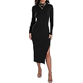 ZESICA Women's 2026 Ribbed Knit Dress Long Sleeve Mock Neck Slim Fit Side Slit Fall Elegant Sweater Dresses