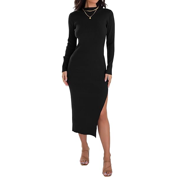 fitted lace wedding dress ZESICA Women's 2026 Ribbed Knit Dress Long Sleeve Mock Neck Slim Fit Side  Slit Fall Elegant Sweater Dresses,Apricot,Small at Amazon Women's Clothing  store