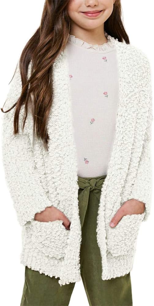 Batermoon Girls Open Front Cardigan Popcorn Knit Long Sleeve Casual Sweaters Coat with Pockets: Clothing