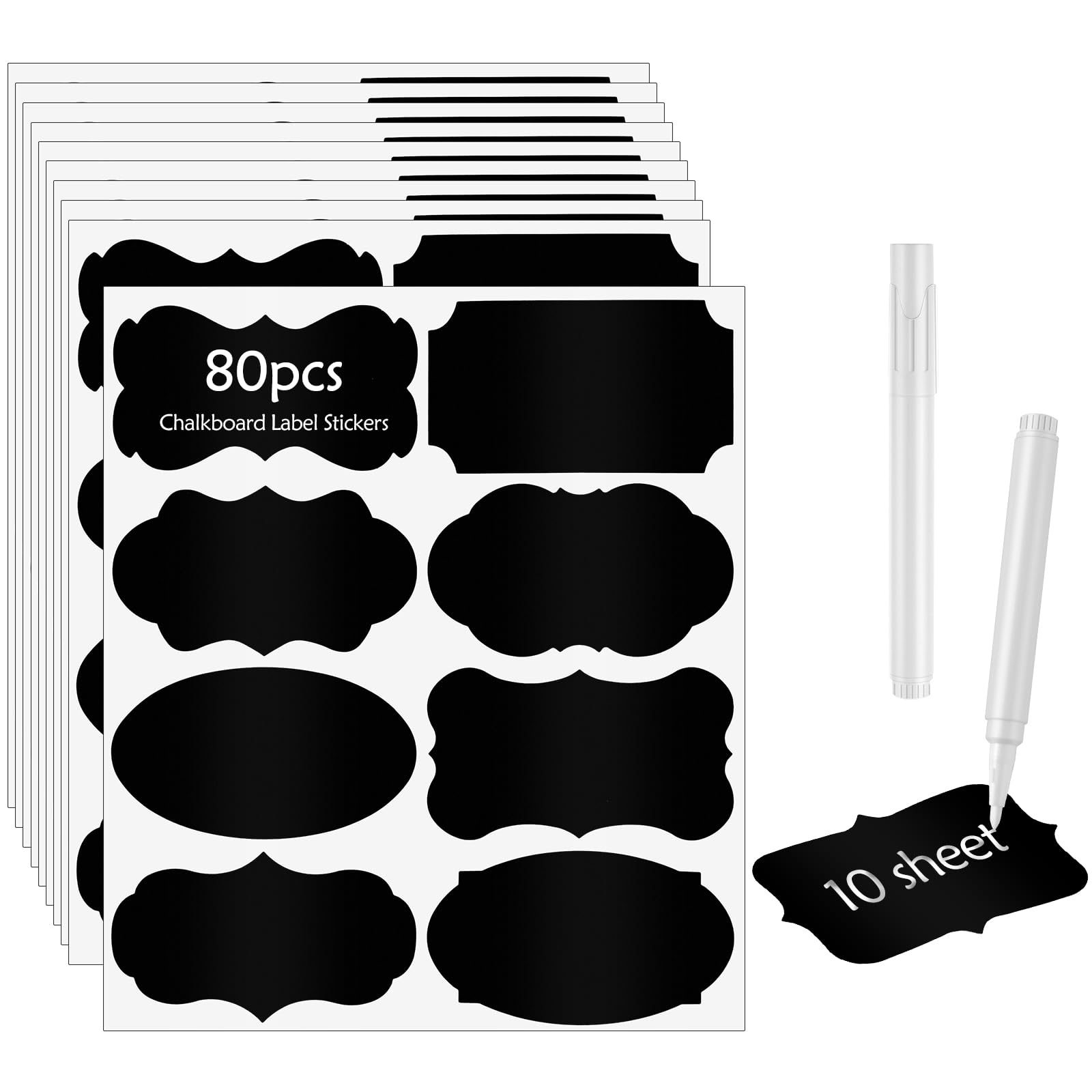 Poeland 80pcs Chalkboard Label Stickers, 8 Assorted Shapes with 2 White Chalk Marker, Reusable Waterproof Label for Jar, Storage Bin, Containers