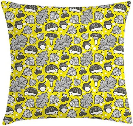 Yingzsal Hedgehog Throw Pillow Cushion Cover, Pattern with Forest Flora and Fauna Leaves Chanterelle Nuts Berries, Decorative Square Accent Pillow Case, 12 X 12 Inches, Yellow Dark Taupe White