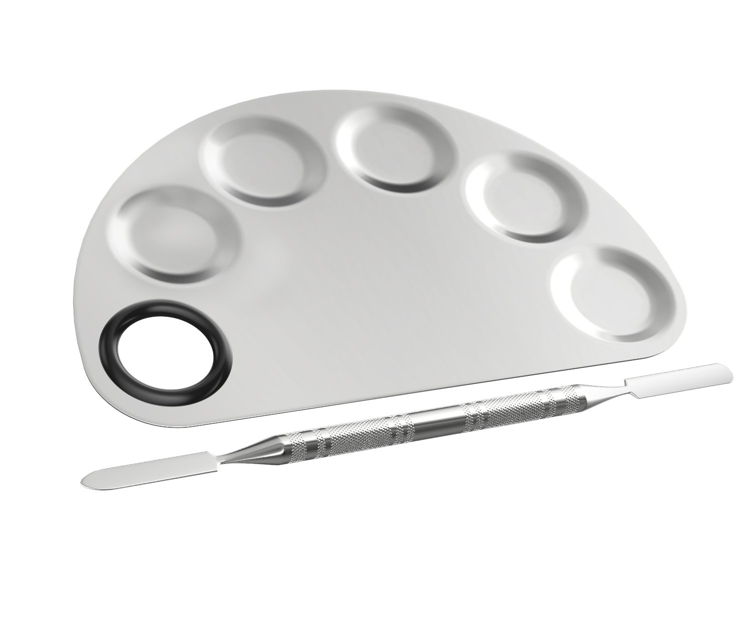 Luxspire Professional Makeup Palette Stainless Steel Semicircle 5-Well Cosmetics Foundation Nail-art Mixing Blending Make up Tools with Spatula for Eye Shadow, Eyelash, Lipsticks, Nail Art
