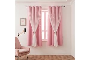 LUGOTAL Pink Curtains for Girls Bedroom Kids Baby Room Decor Cute Double Layer Star Cutout Curtains Room Darkening Window Cur