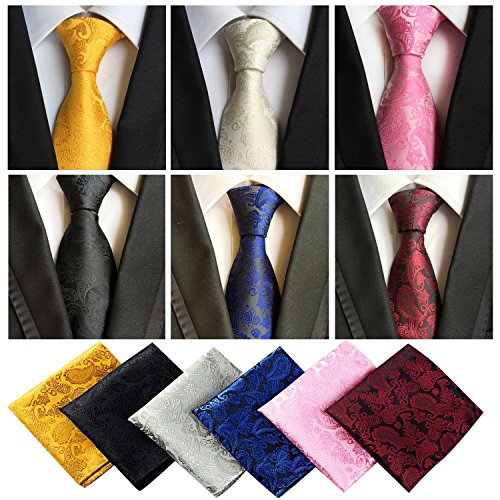 Lot 6 Pcs Mens Ties and 6 Free Matching Pocket Squares, Men's Classic Tie Necktie Woven Jacquard Neck Ties Gift box packing (6+6 style 10)