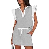 Tankaneo Womens 2 Piece Lounge Sets Summer Outfits V Neck Ruffle Cap Sleeve Tops and Shorts Vacation Matching Set
