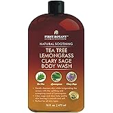 First Botany, ALL Natural Body Wash, Fights Body Odor, Athlete's Foot, Jock Itch, Dandruff, Acne, Eczema, Shower Gel for Women & Men, Skin Cleanser -16 fl oz (Tea Tree, Lemon Grass, Clary Sage)