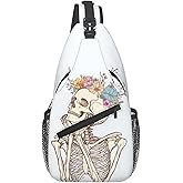 SUPLUCHOM Sling Bag Skeleton Flower Skull Hiking Daypack Crossbody Shoulder Backpack Travel Chest Pack for Men Women