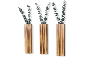 OMISHE 3 Pack Wood Wall Planters with 6 Pcs Artificial Eucalyptus, Plant Wall Decor for Living Room, Bedroom, Bathroom, Office, Wall Hanging Decor Wall Vase with Faux Plants, Brown