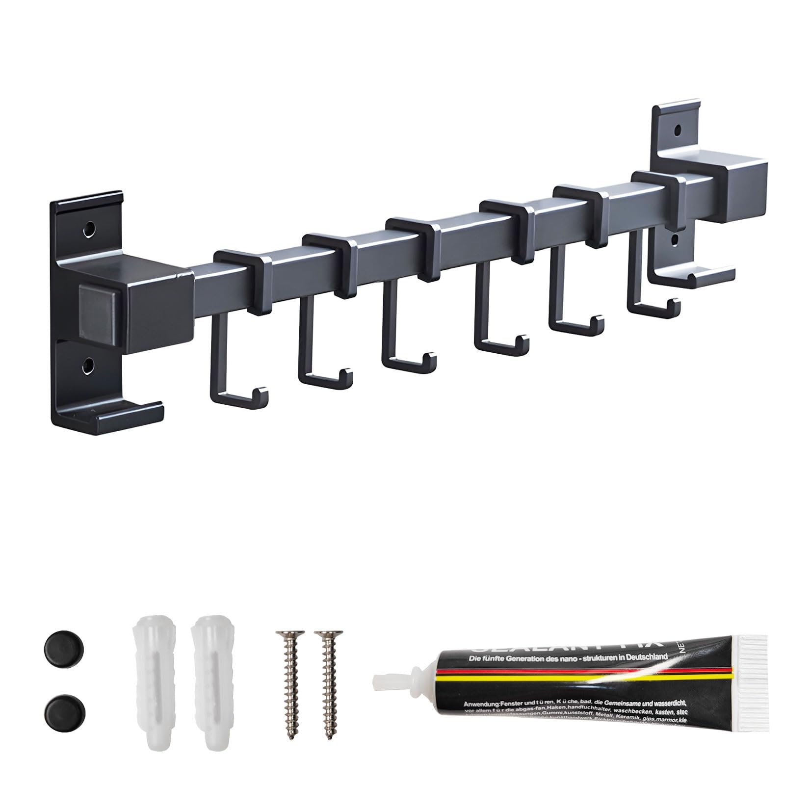 Global-Daily Kitchen Rail Utensil Holder Wall Mounted, Black Space Aluminum Hanging Rack with Multiple Hooks (5-10), Max 20KG Load, No Drill/Drill Installation, Anti-Rust, Heavy Duty (40cm)