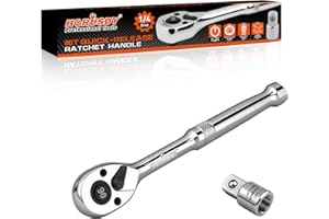 HORUSDY 1/4" Drive 90-Tooth Quick-Release Ratchet Handle with 1/4" to 3/8" Adapter, Reversible Thin Profile Socket Wrench, 4° Swing Arc, Ergonomic Anti-Slip Grip, Ideal for Auto, Bike & Home Repair