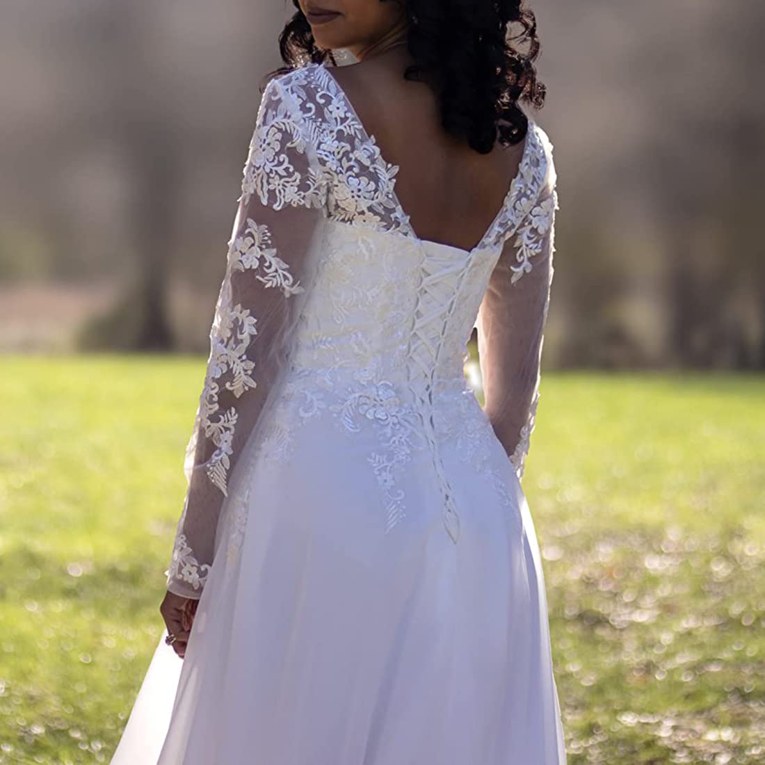 Findlovewedding Wedding Dresses for Bride with Lace Appliques Chiffon A Line Women Dress Long Sleeves Beach Bride Dress