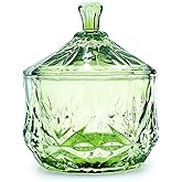 EWEIGEER 8oz Glass Candy Dish with Lid,Small Crystal Chrismas Candy Jar,Cotton Round Holder,Office,Bathroom,Dining Room Organizer(Olive Green)