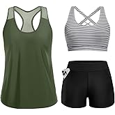 Women 3 Piece Tankini Swimsuit - Mesh Racerback Tank Top with Sports Bra and Pocketed Boyshorts Athletic Bathing Suits