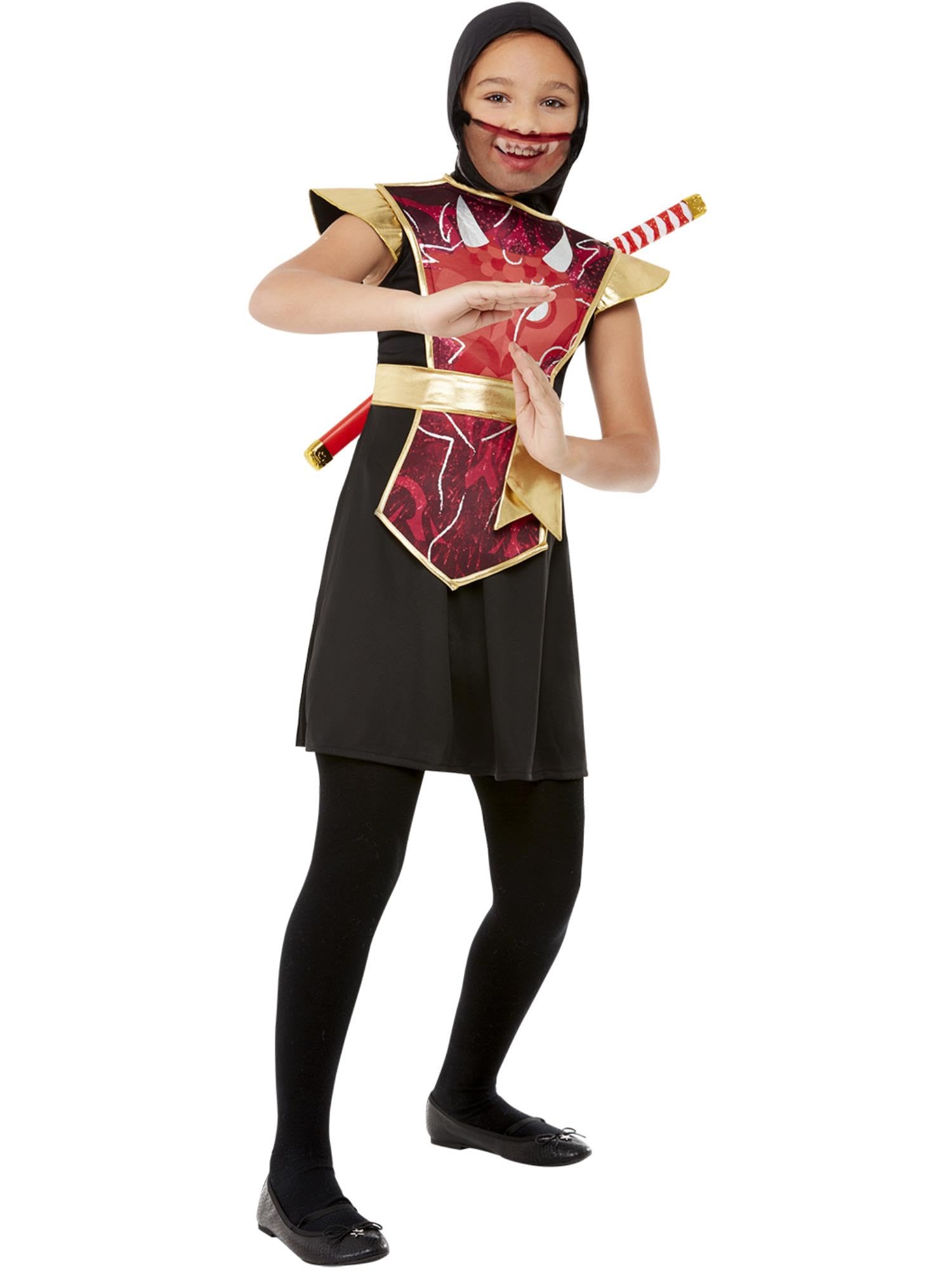 Smiffys Ninja Warrior Costume, Red Dress & Sword, Girls Fancy Dress, Warrior Dress Up Costumes