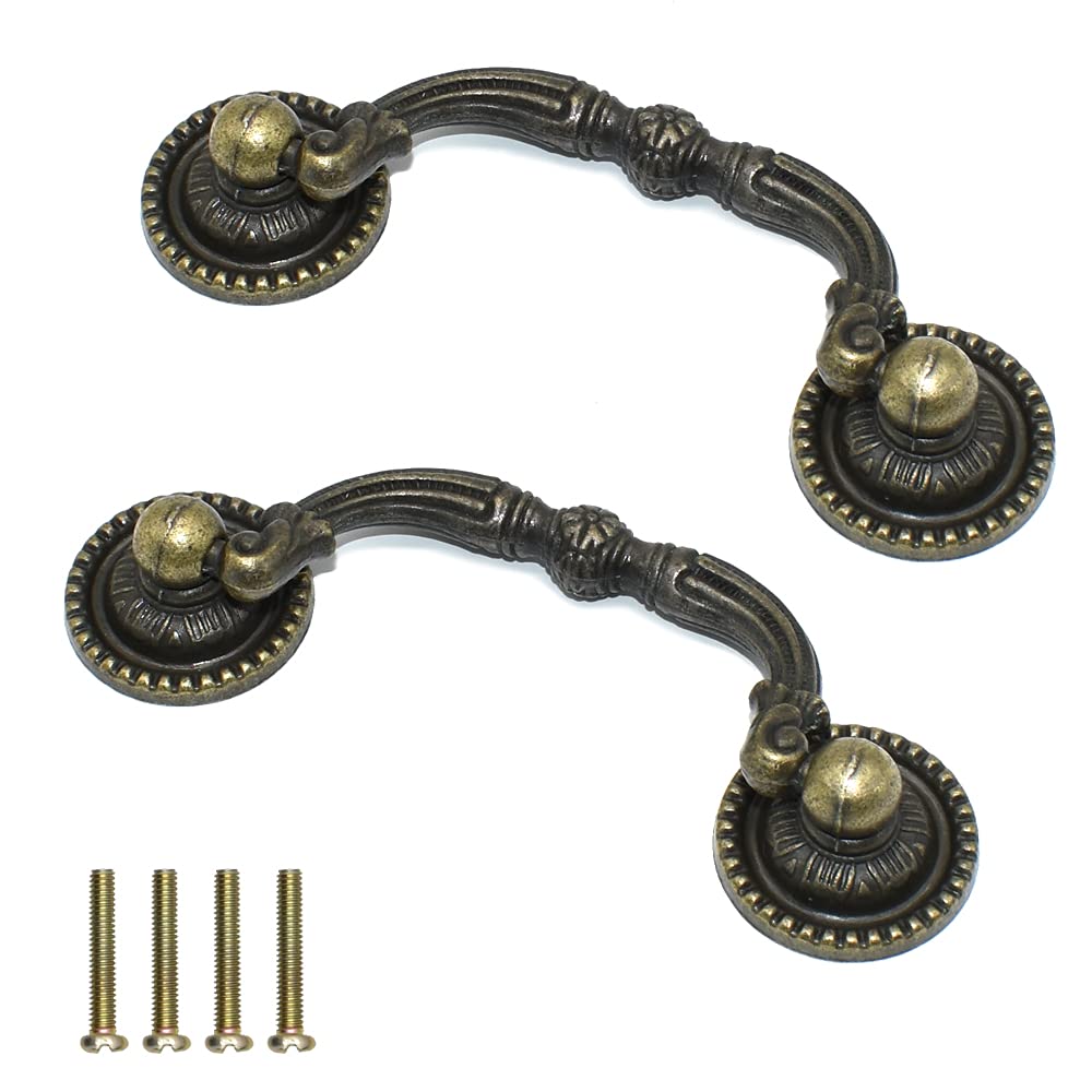 SHRJ 2 Pack 3" Hole Centers Antique Drawer Pulls Vintage Bronze Cabinet Handles Dressing Wardrobe Table Drawer Handles