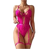 SOLY HUX Women's Garter Lingerie Floral Lace Teddy Bodysuits Cut Out Push Up One Piece Babydoll Nightwear