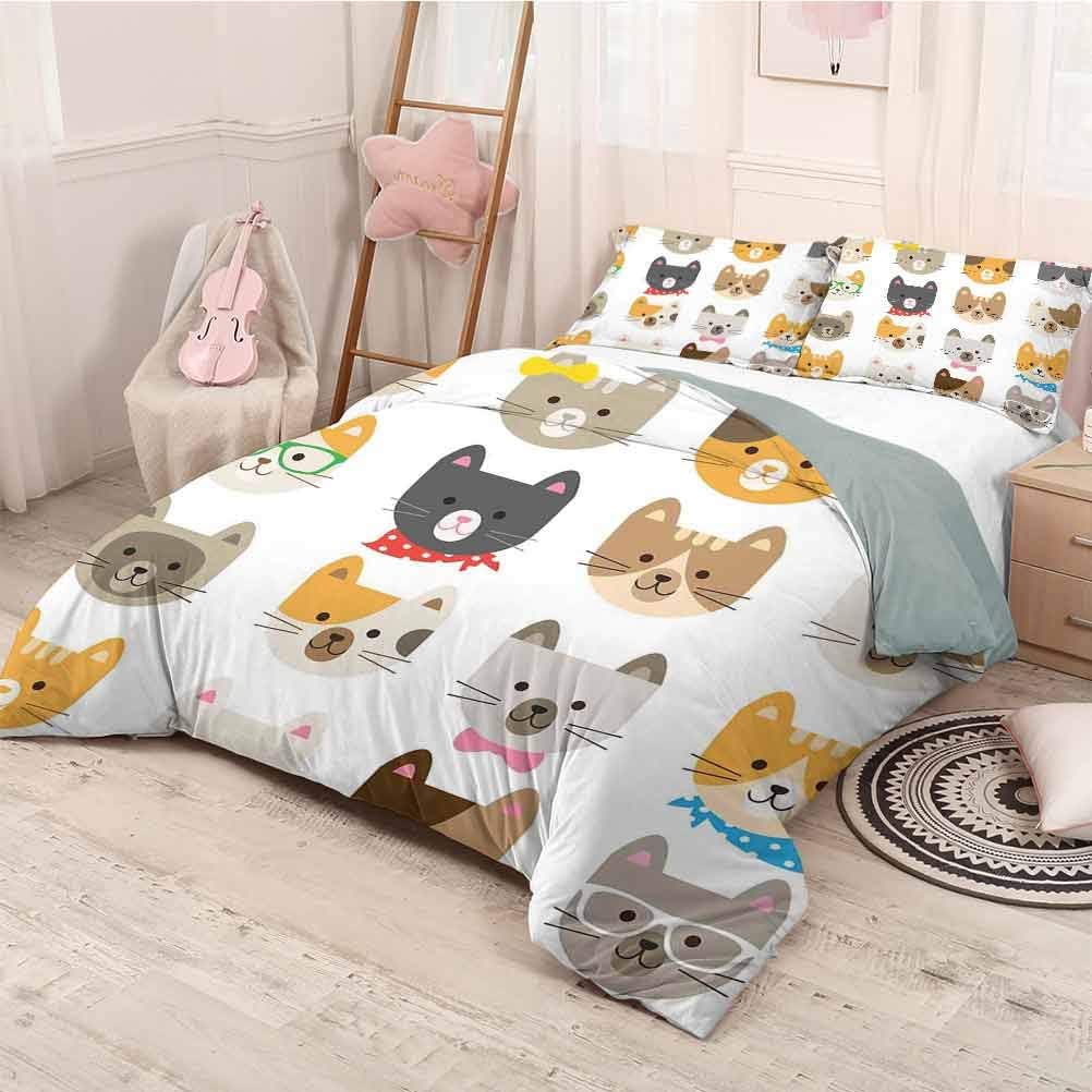 HELLOLEON Kids Pure Bedding Hotel Luxury Bed Linen Cats Costume with Glasses Bow Tie Bandanna Cartoon Art Craft Pattern Print Pets Animal Lovers Print Polyester - Soft and Breathable (Full)