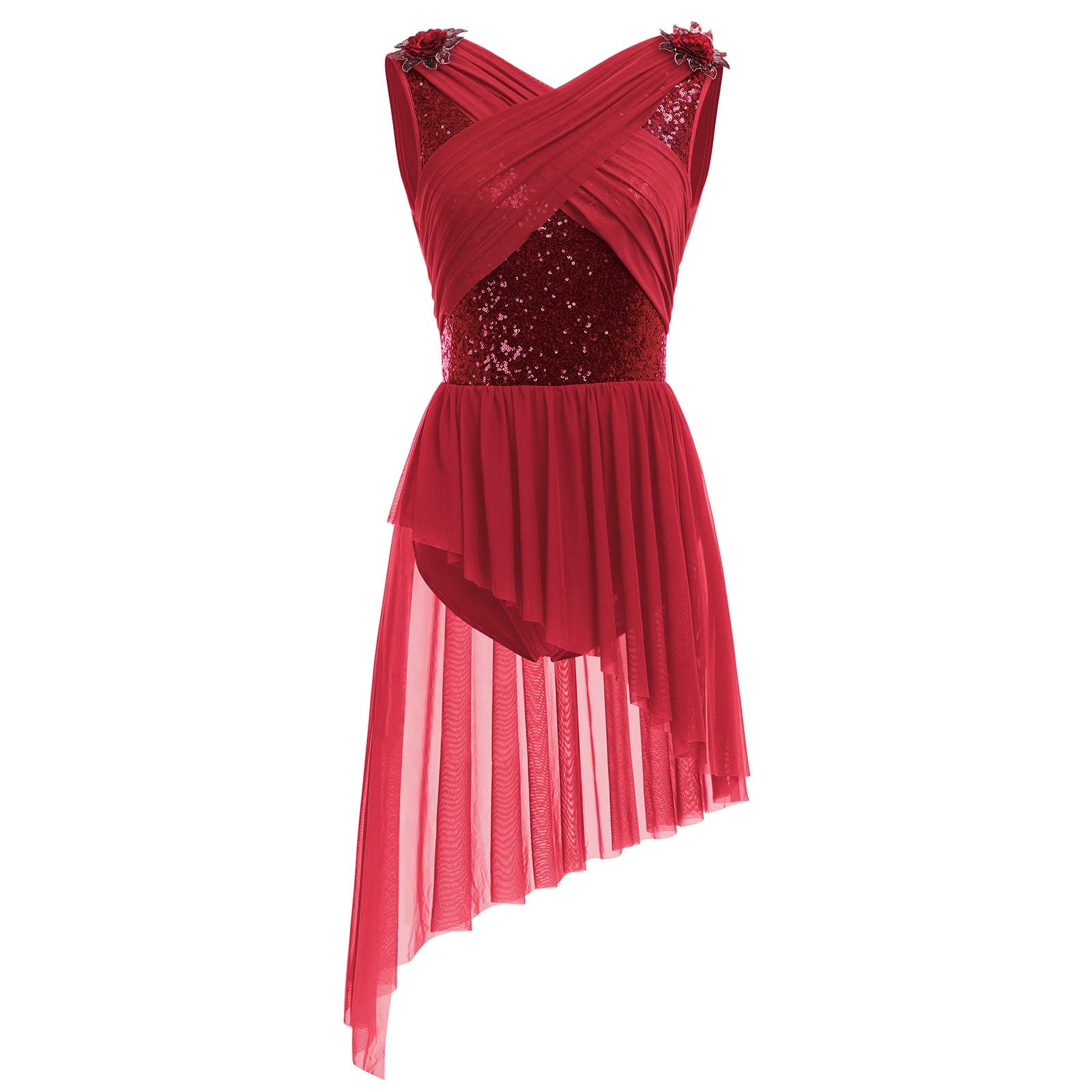 Photo 1 of AFAVOM Women's Lyrical Dance Costume Sleeveless V-Neck Sequin Flower Lyrical Dance Dress Asymmetric Flowy Mesh Tulle Skirt Contemporary Dance Costumes Ballet Leotard Dancewear Wine Red XS