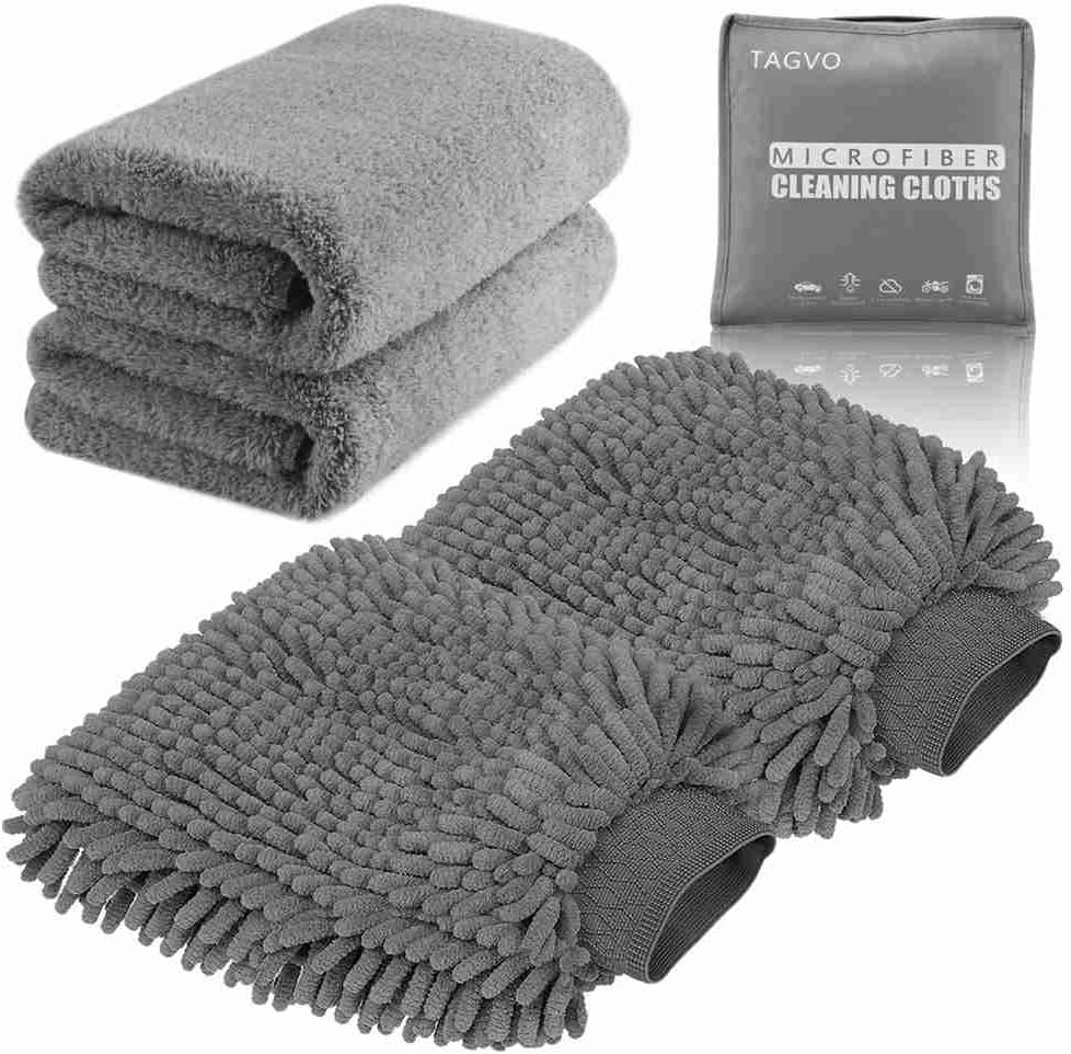 TAGVO Large Size Car Wash Mitt-Premium Chenille Microfiber Wash Glove and Microfiber Towels - Lint Free（2 Towels + 2 Mitts）: Automotive