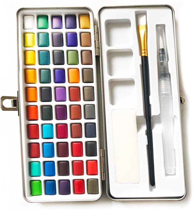 SIQIMI 50 Colors Solid Watercolor Paint Pigment Set with Brushes, Portable for Beginner Drawing Art