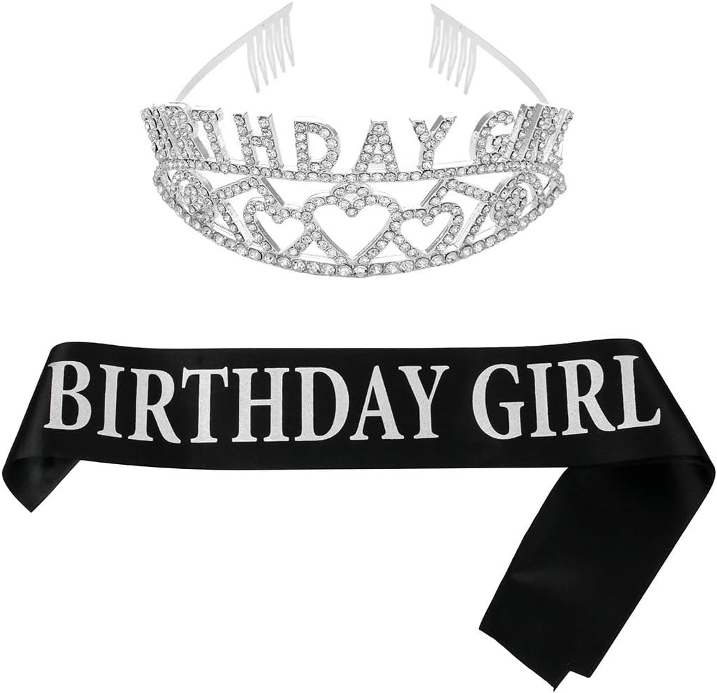Funhoo Birthday Sash and Tiara Crowns Headband Gifts Decoration for birthday Girl Princess Party Favour (Silver word on black)