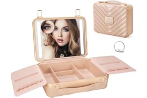 ZhenGuiRu Travel Makeup Case with Lighted Mirror, Portable Makeup Bag Organizer for Women Cosmetic Brush Holder Storage, Waterproof Makeup Train Case with 3 Color Lights, Gift for Christmas