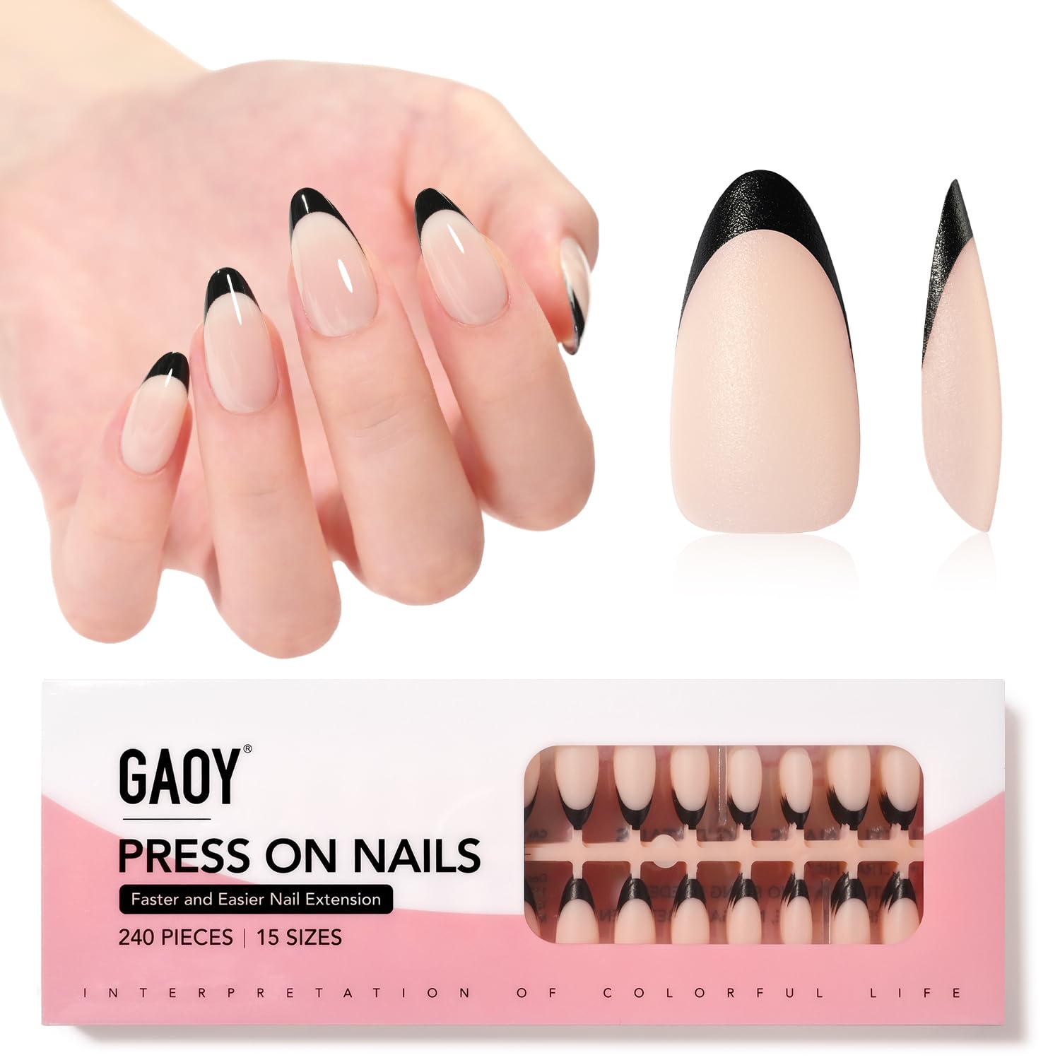 GAOY Black French Gel Nail Tips, 240Pcs Press on Nails Natural Nude Medium Almond, Pre-applied Primer and Base Coat Cover, 15 Sizes Pre-filed Fake Tips for Extension