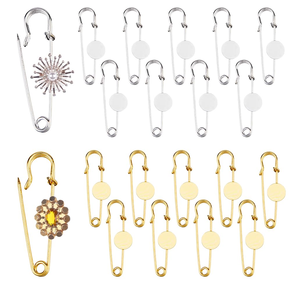 SUPERFINDINGS 20Pcs 12mm Blank Safety Pin, Alloy Brooch Clasps Pin Base Setting Golden and Silver Safety Pins Brooch Findings 2Colors Flat Round Brooch Pin for Lapel Pin Making