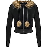 SOLY HUX Women's Zip Up Cropped Hoodie Drawstring Long Sleeve Fuzzy Velvet Hooded Sweatshirt Y2k Slim Fit Jacket