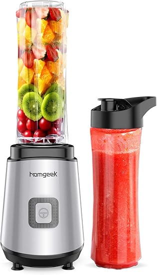 Amazon Homgeek ミキサー ジューサー 二つボトル600ml ブレンダー 400wスムージー氷も砕ける 4枚刃 最高回 分回転数 押しスイッチ 野菜 果物 離乳食 氷 ボトルのまま持ち運び 一台多役 コンパクトミキサー人気 Homgeek ミキサー