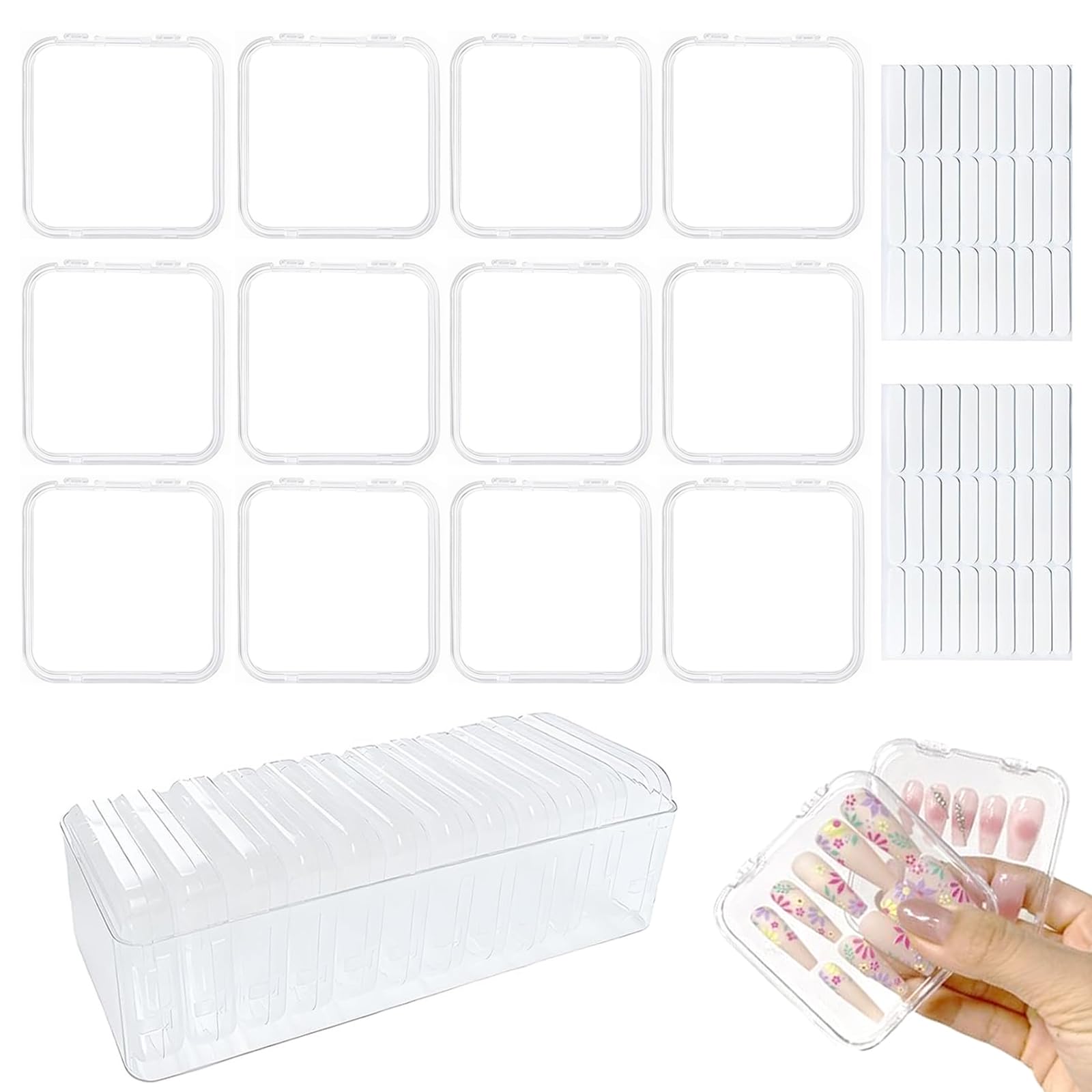 Photo 1 of 12 Pcs Clear Press On Nail Storage Box Container, False Nail Organizer Case Press On Nail Packaging Box Nail Display Case with Double Sided Tape for Nail Art Home Salon Nail Business Supplies