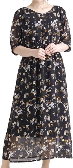 Amazon Co Jp ゴールドジャパン 大きいサイズ レディース ワンピース 花柄 シフォン マキシ バルーン袖 半袖 ウエストゴム 服 ファッション小物