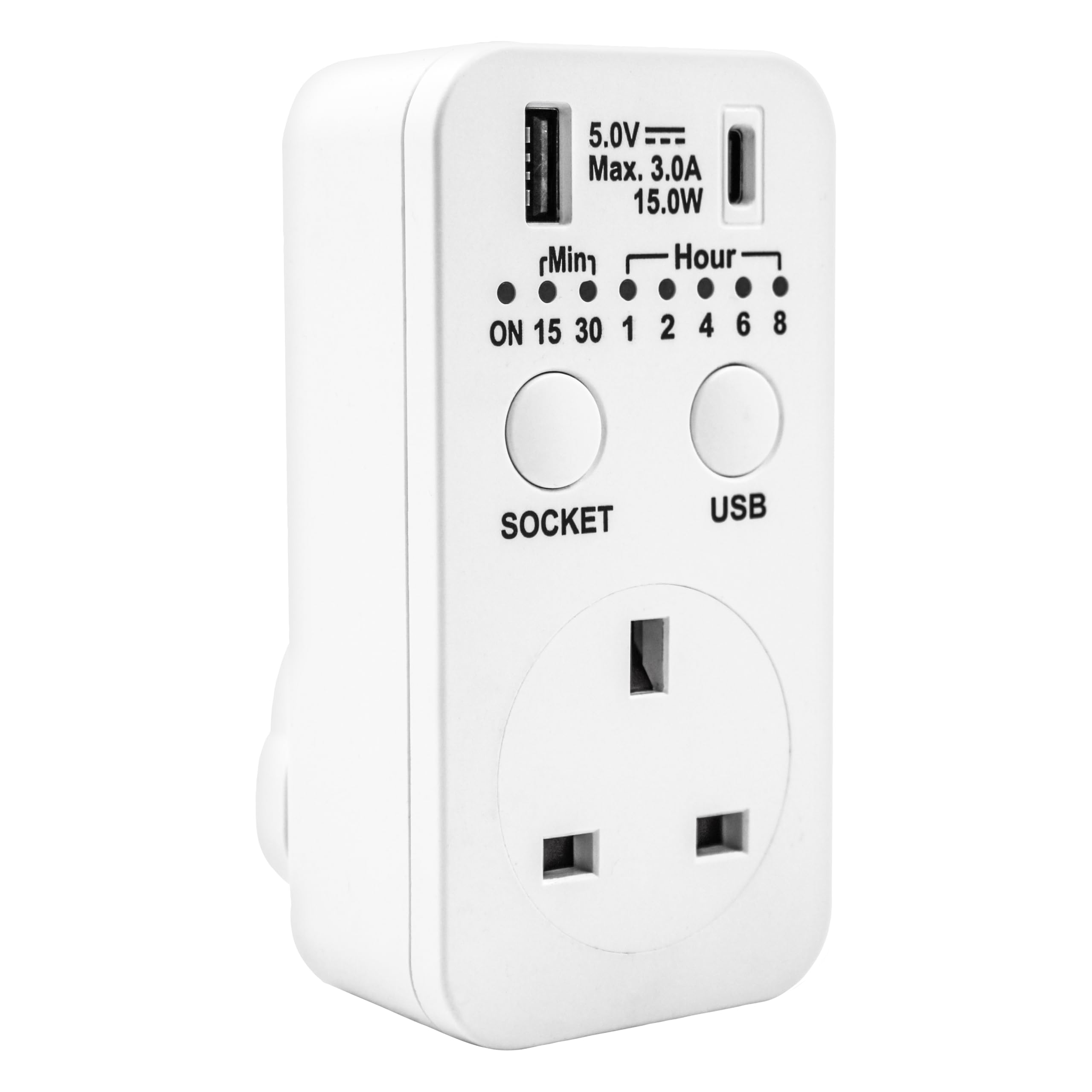 Uni-Com Countdown Plug-in Timer, UK 3 Pin Plug, USB-A & USB-C Sockets, Energy Saving, 7 Timer options for Operating Home Appliances & Electrical Devices, White