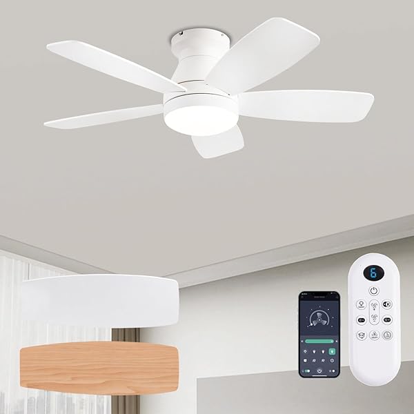 JSAITEE CEILING FANS WITH LIGHTS, 42 INCH LOW PROFILE CEILING FAN WITH LIGHT AND REMOTE/APP CONTROL, FLUSH MOUNT, REVERSIBLE, 3CCT, DIMMABLE, NOISELESS, WHITE CEILING FAN FOR INDOOR/OUTDOOR USE