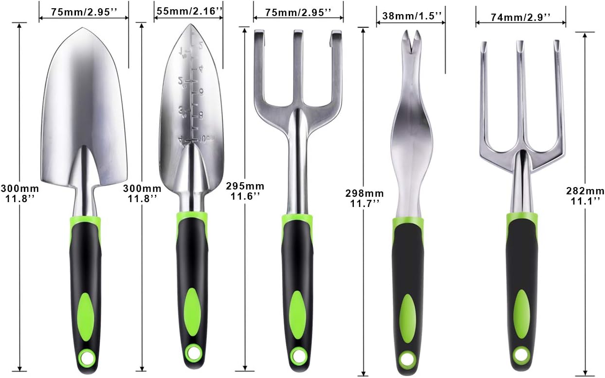 ZUZUAN Garden Tool Set, 5 Piece Aluminum Gardening Shovel Gifts Kit Includes Hand Trowel, Transplant Trowel, Cultivator, Hand Rake, and Weeder with Non-Slip Ergonomic Rubber Grip for Men and Women : Garden & Outdoor