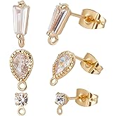 Beebeecraft 30Pcs/Box 3 Style 18K Gold Plated Stud Earrings Small Teardrop Flat Round Trapezoid Cubic Zirconia Earring Posts with Loop and Butterfly Earring Backs for Earring Making Crafts