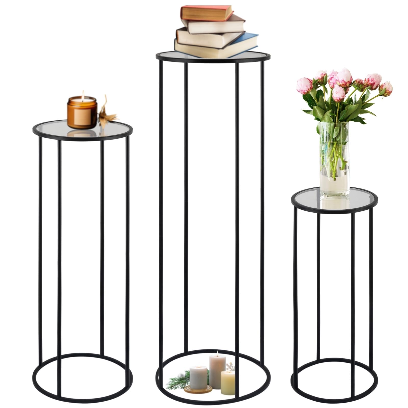 Photo 1 of Merrifete 3PCS Round Black Plant Stand Flower Stand for Party, Tall Metal Pedestal Stands for Display Decoration, Cake, Birthday, Wedding Living Room Patio Decor Backdrop Vase