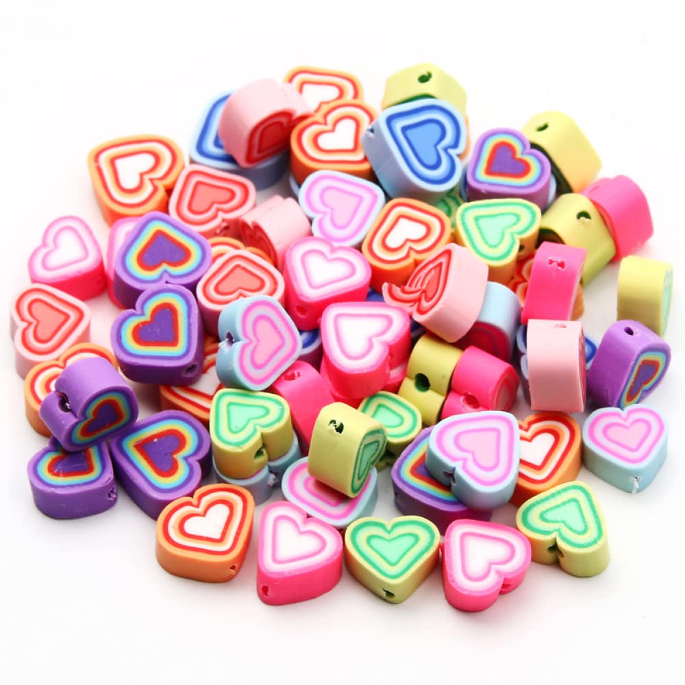 Ipotkitt 100Pcs Handmade Colourful Heart Polymer Clay Beads for DIY Crafts Finding Necklace Jewellery Making Accessories - 8~10x9~10.5mm