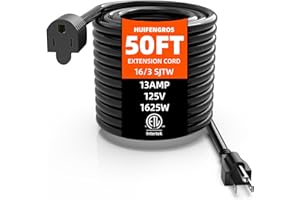 HuiFengros 50 FT Outdoor Extension Cord, Black Extension Cord Waterproof, 16 Gauge 13Amps 125V, SJTW, ETL Listed, Indoor/Outd