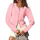 Saodimallsu Womens Puff Long Sleeve Cardigan Sweaters Fall Button Down Lightweight Knit Crew Neck Sweater Shirts