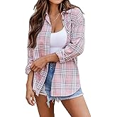 NUOREEL Women's Flannel Plaid Shirt, Boyfriend Fit Long Sleeve Button Down Casual Blouse with Pocket